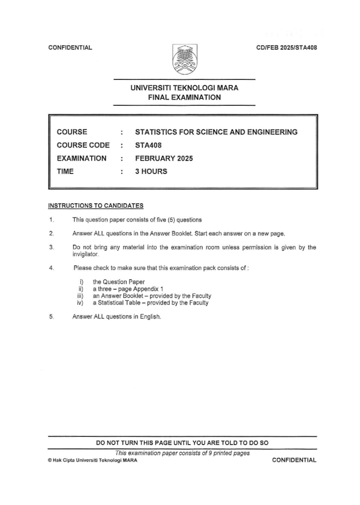 STA408 Final Exam: Statistics for Science & Engineering - Feb 2025 ...