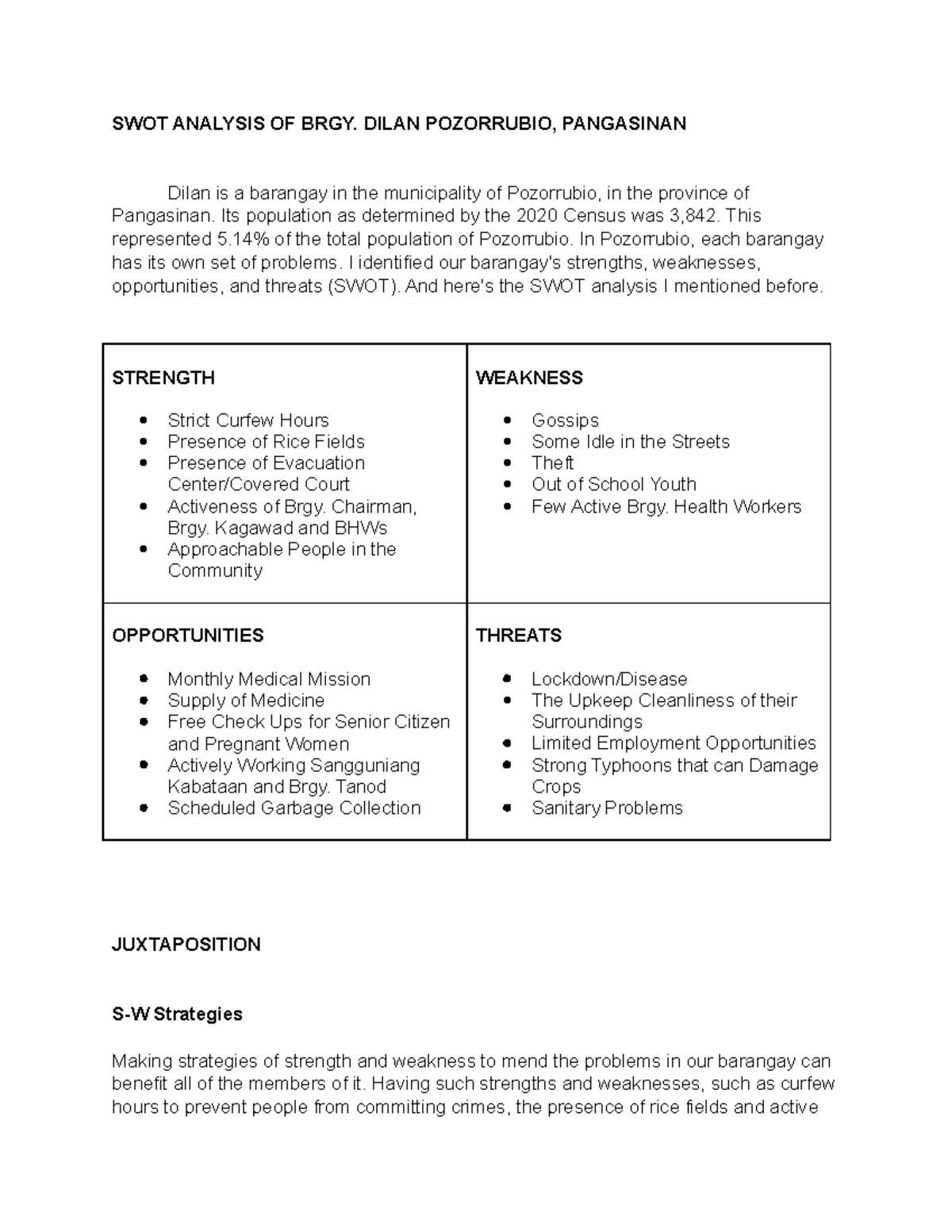 SWOT Analysis of Brgy. Dilan, Pozorrubio, Pangasinan - Studocu
