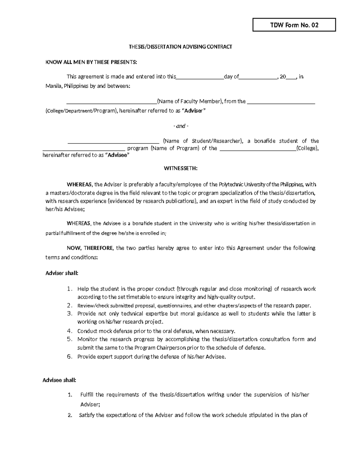 TDW Form No. 02 - Thesis/Dissertation Advising Contract Guidelines ...