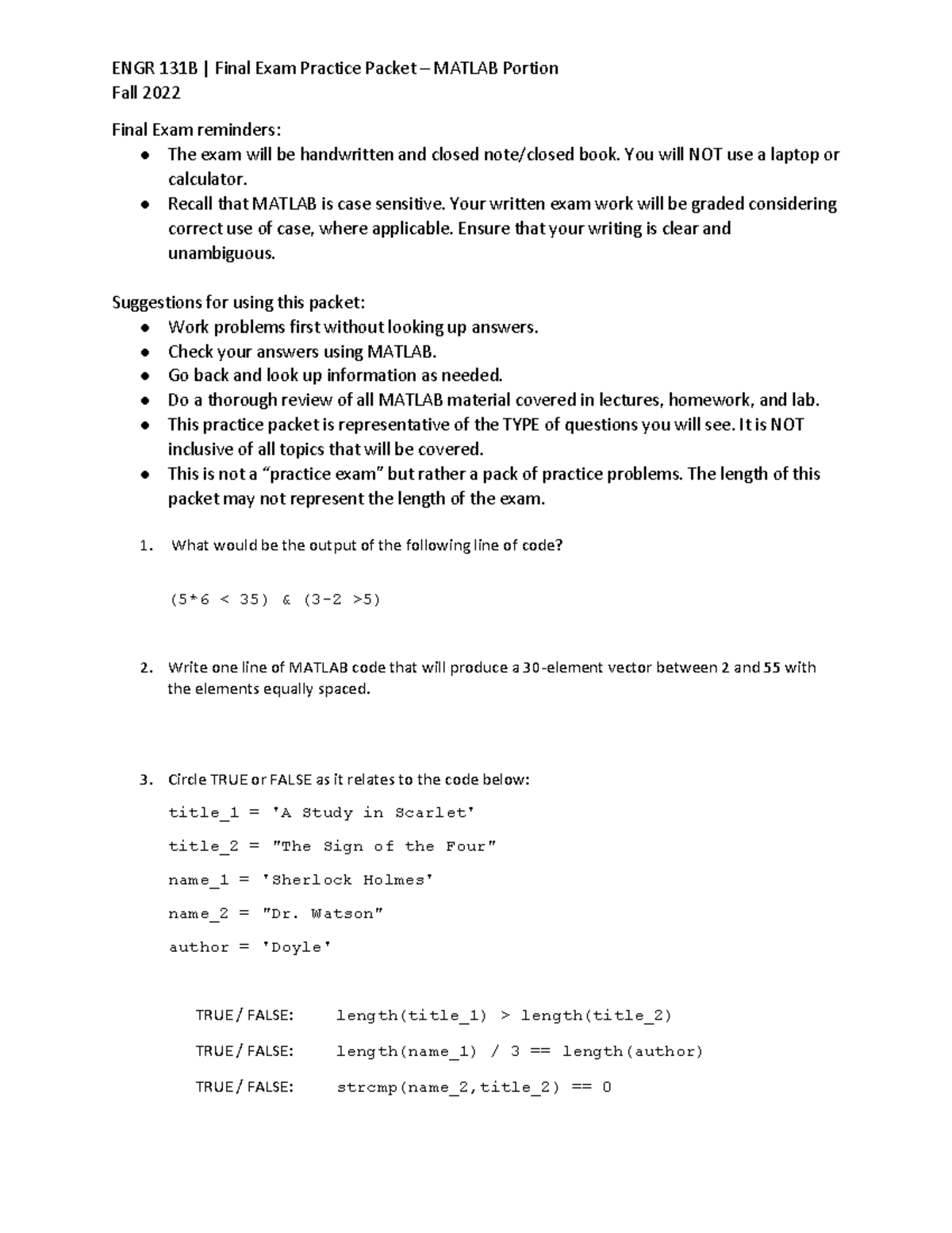 Final Exam Practice Packet FA22: MATLAB Coding Questions and Tips - Studocu