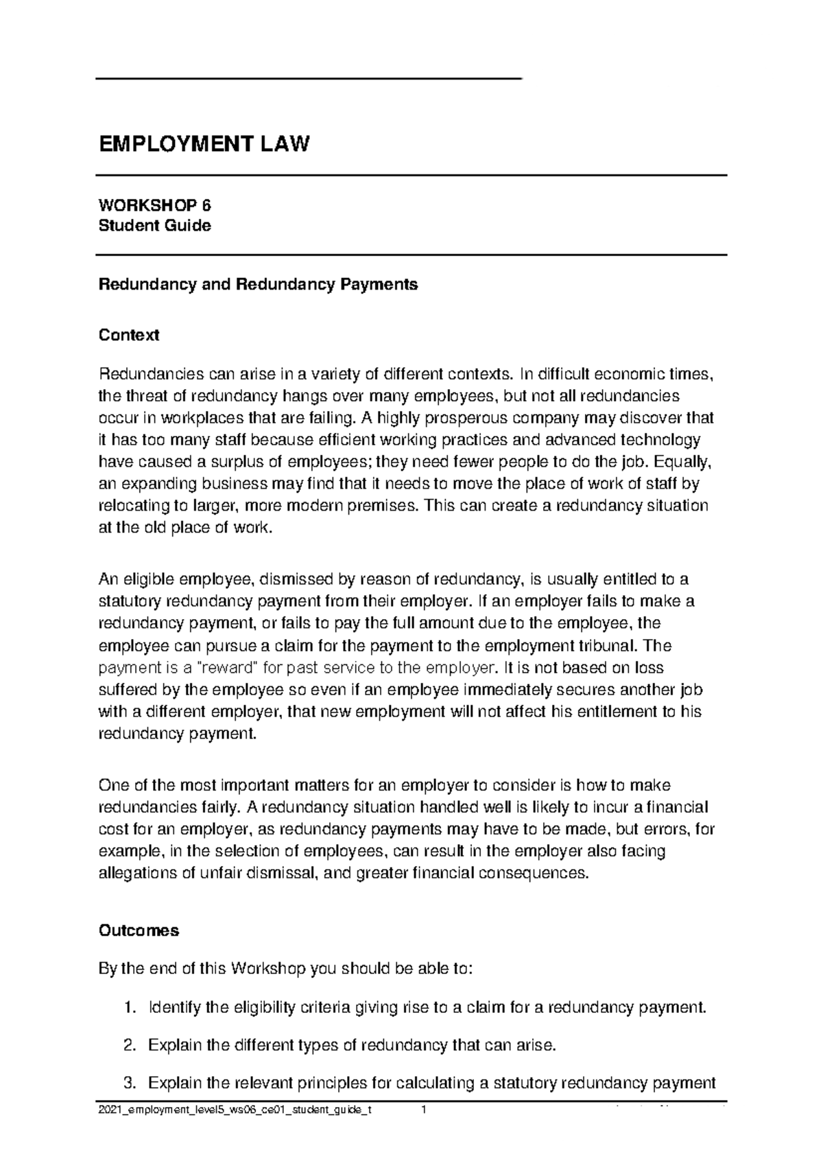 Employment Law WS6: Redundancy Situations and Payments Guide - Studocu