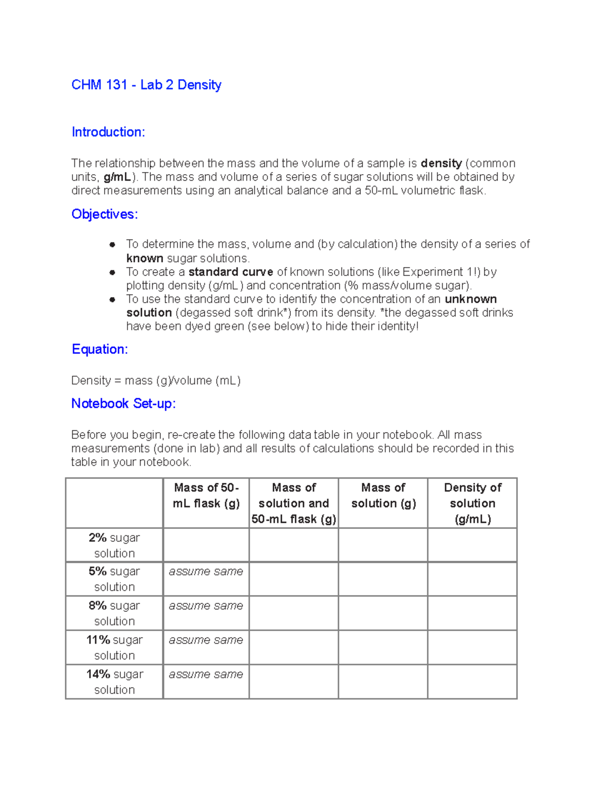 CHM 131 - Lab 2 Density: Instructions & Data Worksheet - Yasmin Jessa ...
