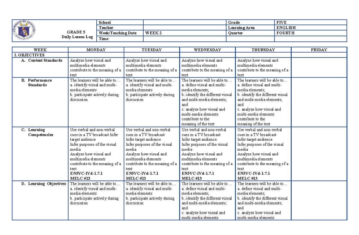 W2 Q4 DLL English 5 - daily lesson log - GRADE 5 Daily Lesson Log ...