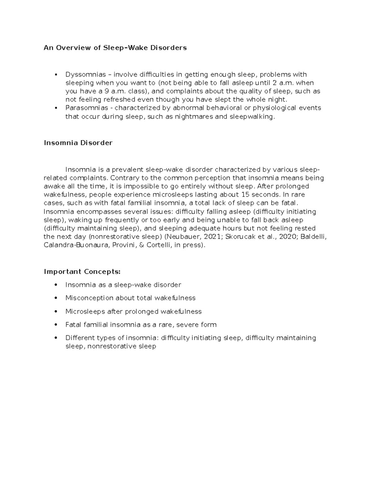 ABPsych Summary WR - Key Concepts and Disorders of Sleep-Wake - Studocu
