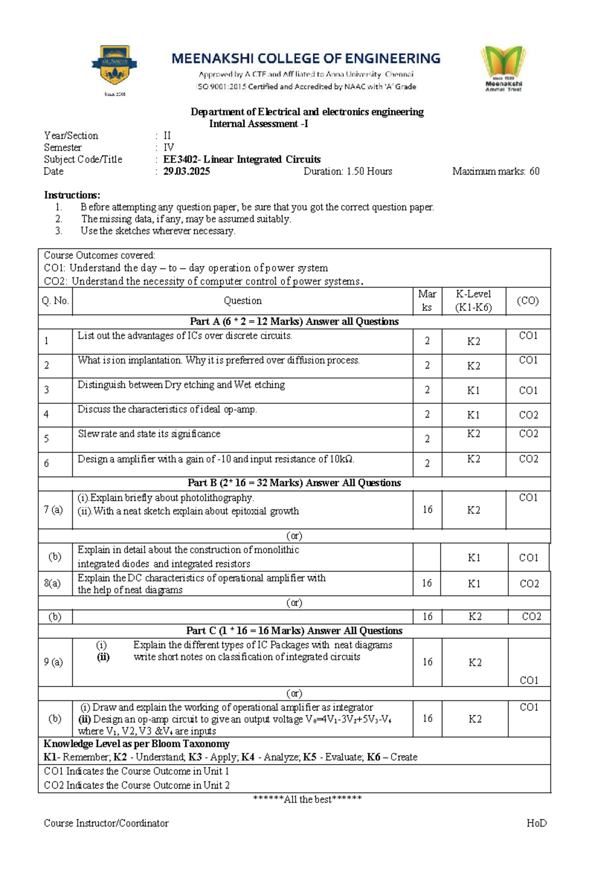 LIC IAT II - Practice Questions for Linear Integrated Circuits - Studocu