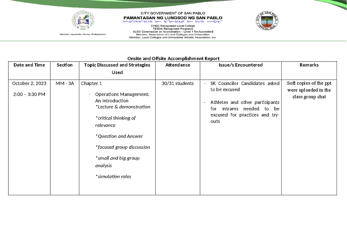 AR Sample - Onsite and Offsite Accomplishment Report Date and Time ...