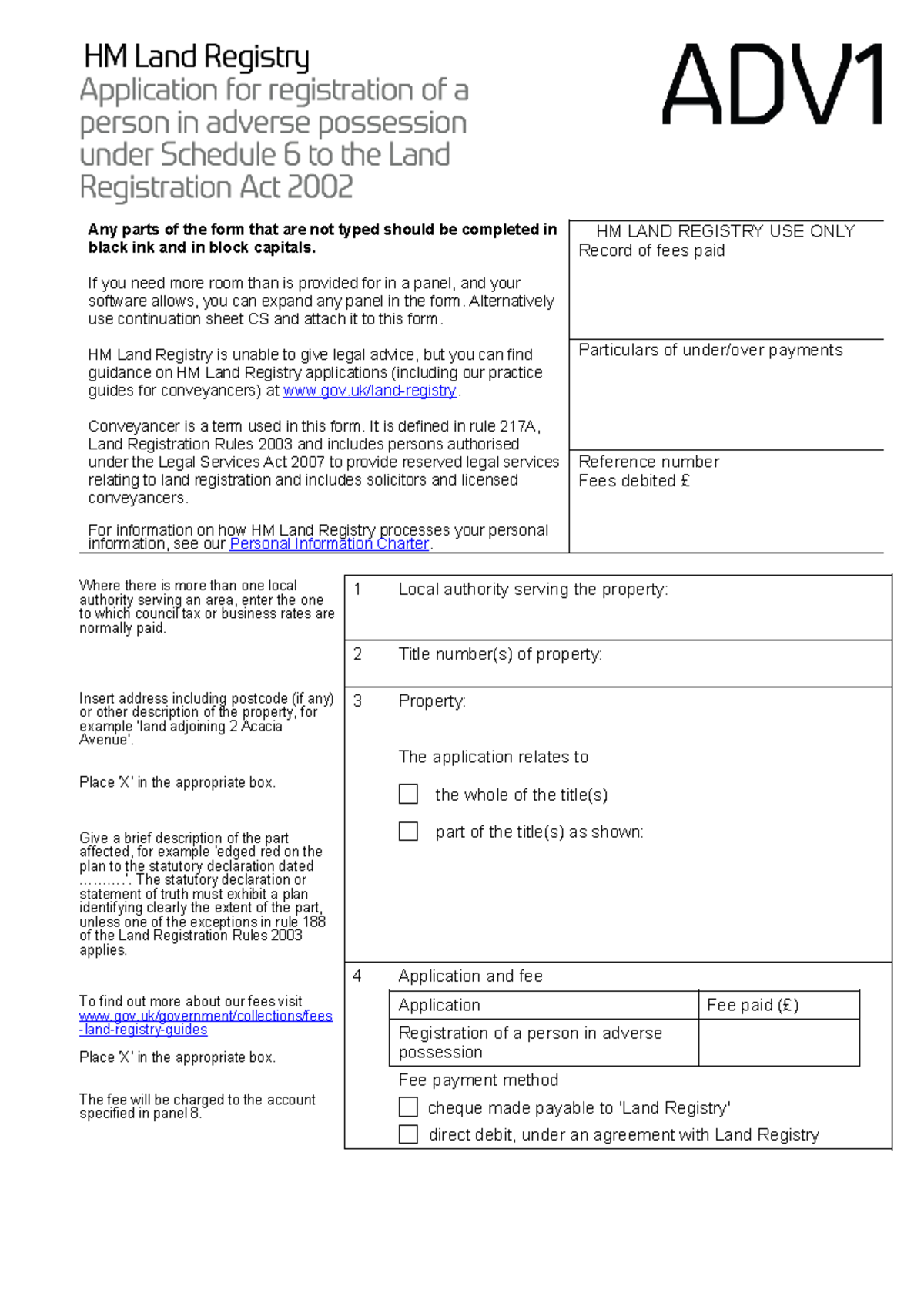 ADV1 2023-08-29 - Adverse Possession Standard Form Instructions - Studocu