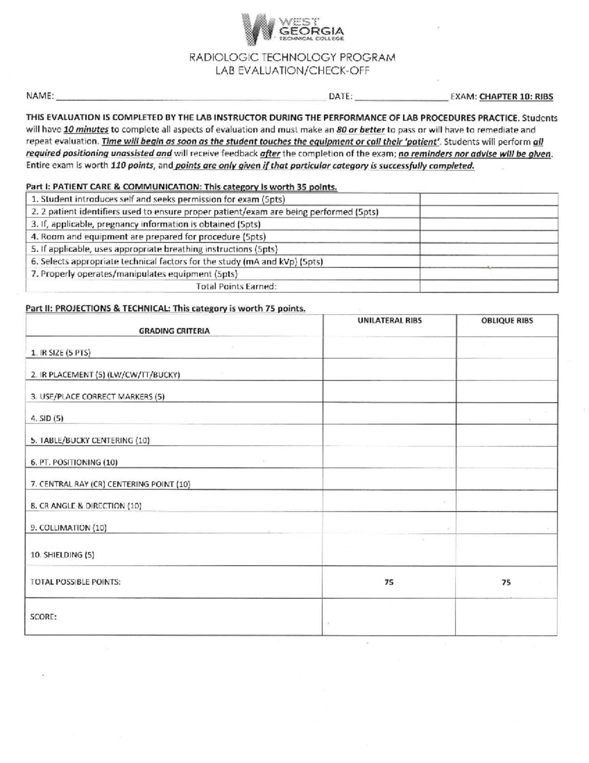 RADIOL TECH 101: Ribs Lab Check-off Evaluation Guide - Studocu