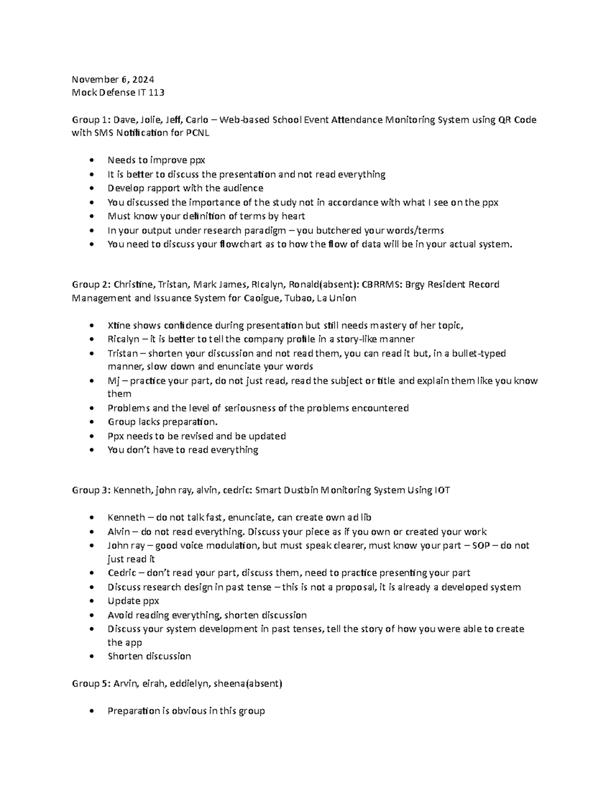 Mock defense nov 6 - November 6, 2024 Mock Defense IT 113 Group 1: Dave ...