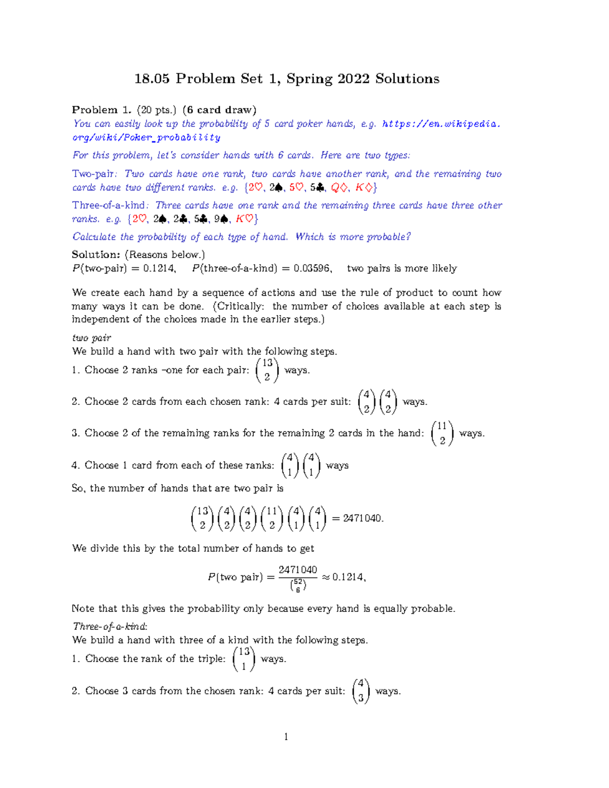 18.05 Problem Set 1 Solutions - Spring 2022 - Studocu