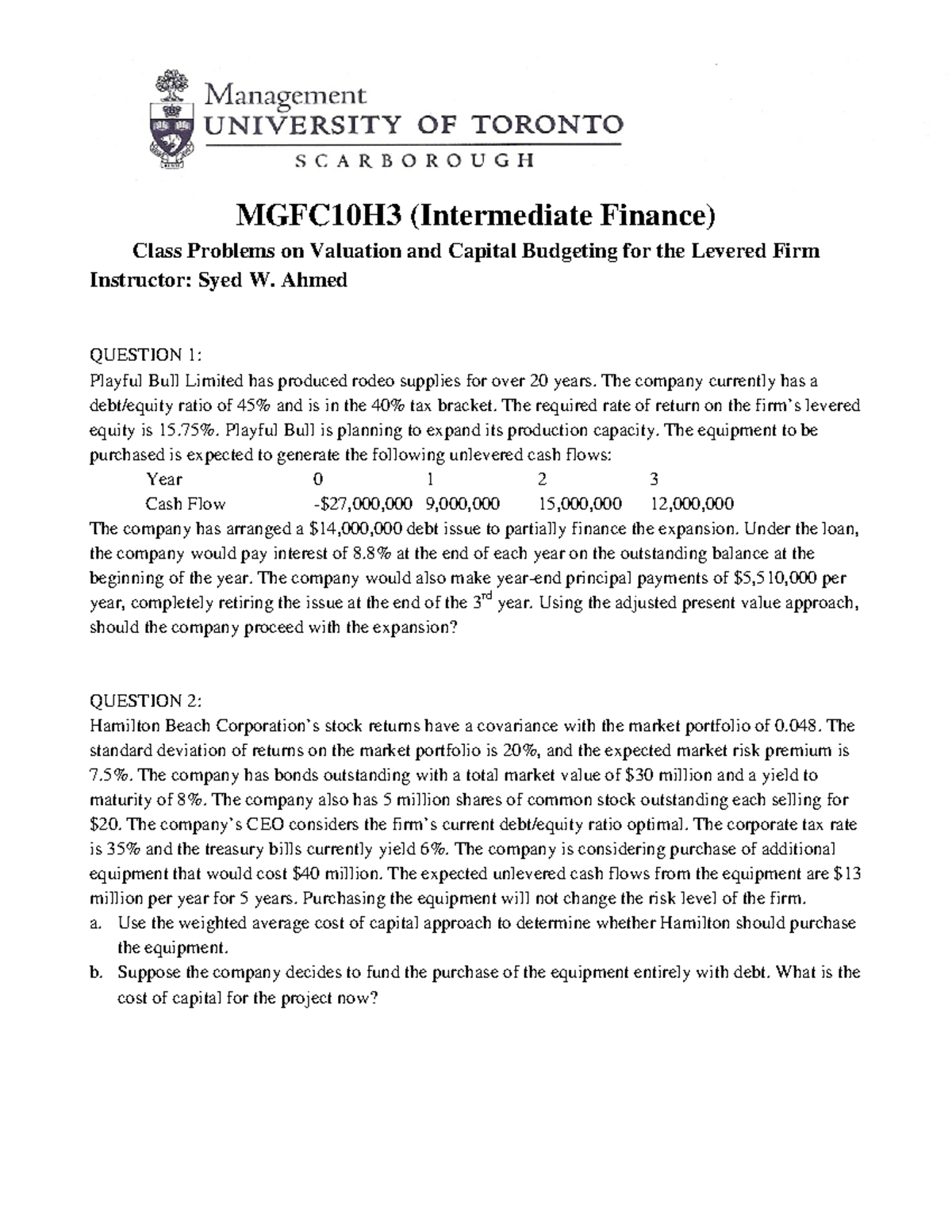 MGFC10 Final Exam Problems on Valuation & Capital Budgeting - Studocu