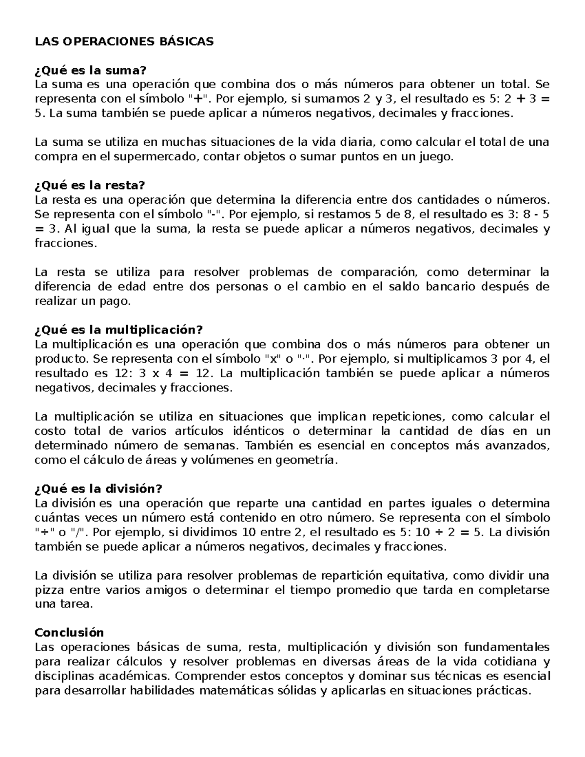 LAS Operaciones Básicas: Suma, Resta, Multiplicación y División - Studocu