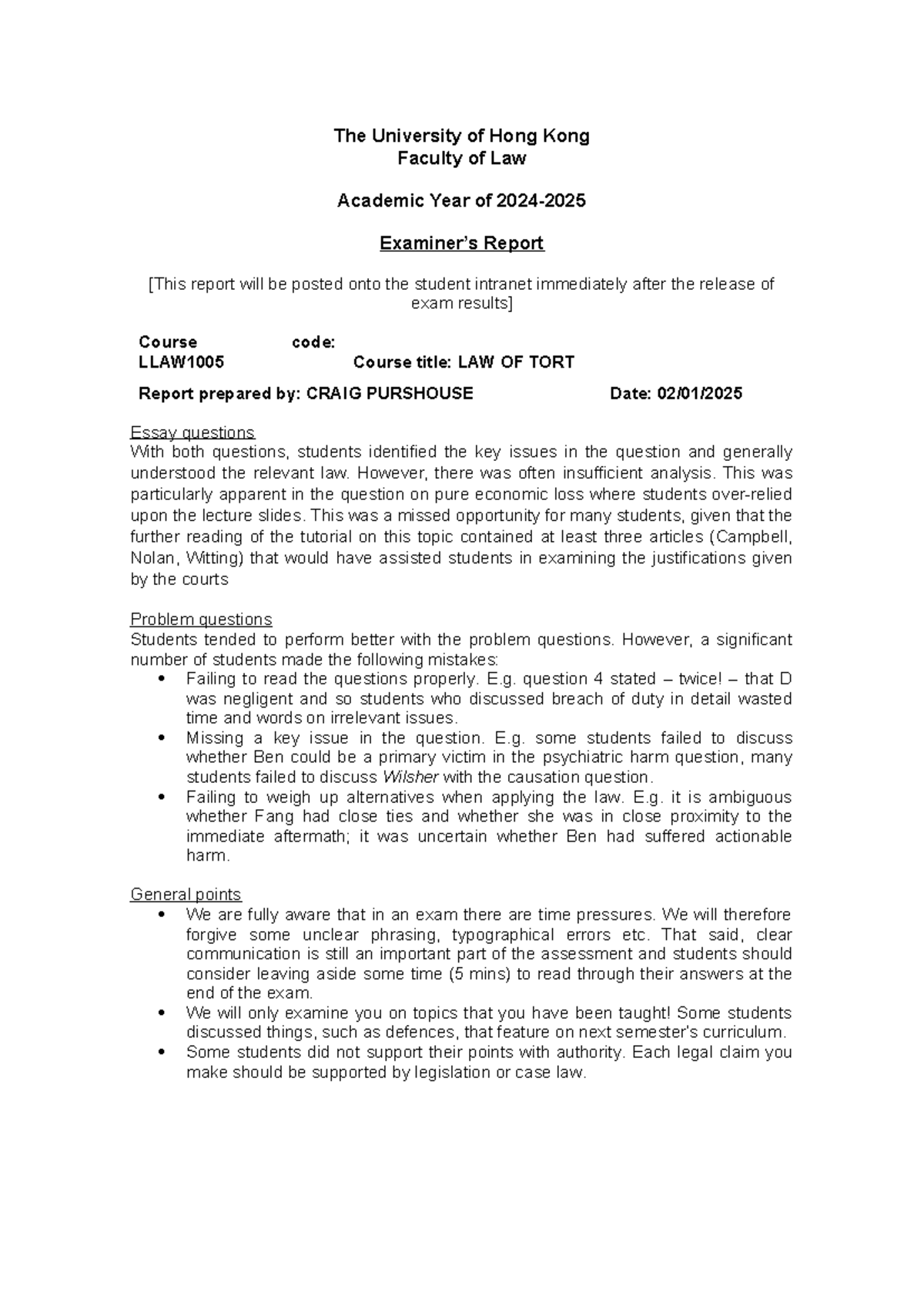 LLAW1005 Examiners Report CP - The University of Hong Kong Faculty of ...