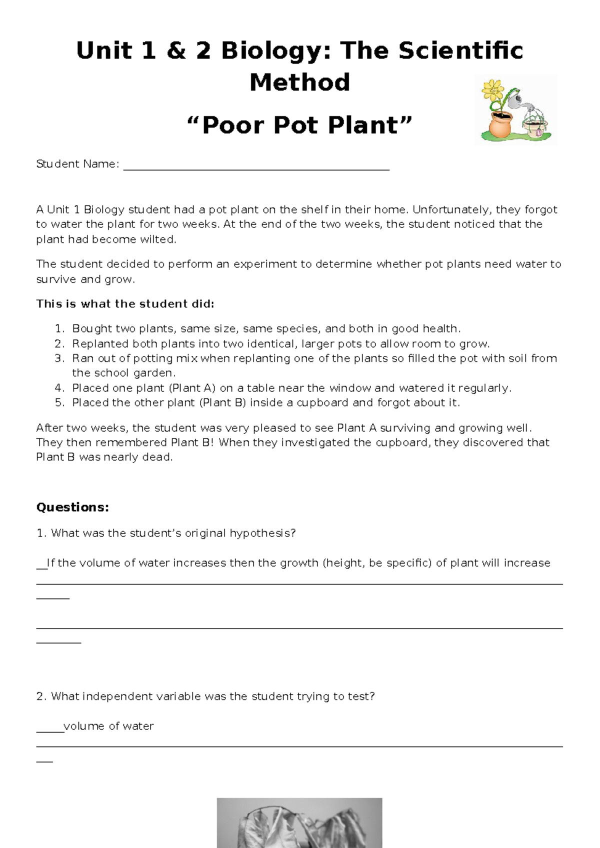 Unit 1 Biology: Experiment on Pot Plant Water Needs - Studocu