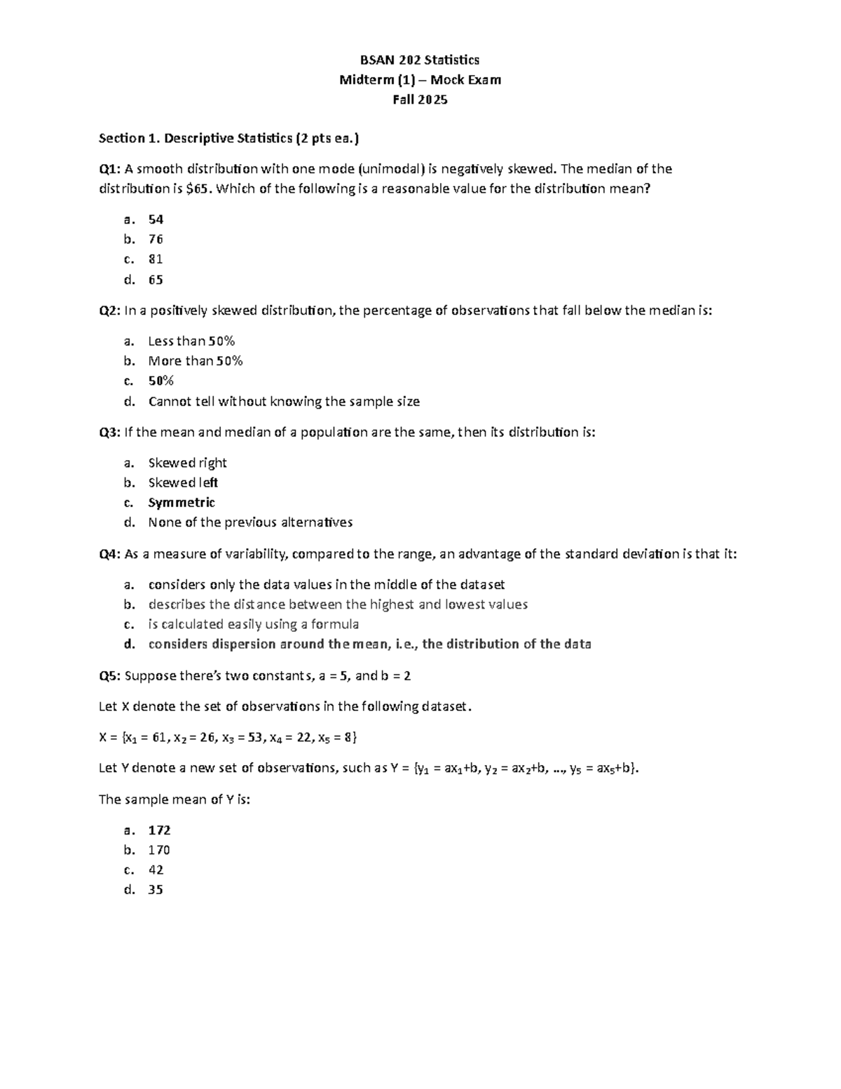 BSAN 202 Statistics Midterm 1 Mock Exam Study Guide Fall 2025 - Studocu