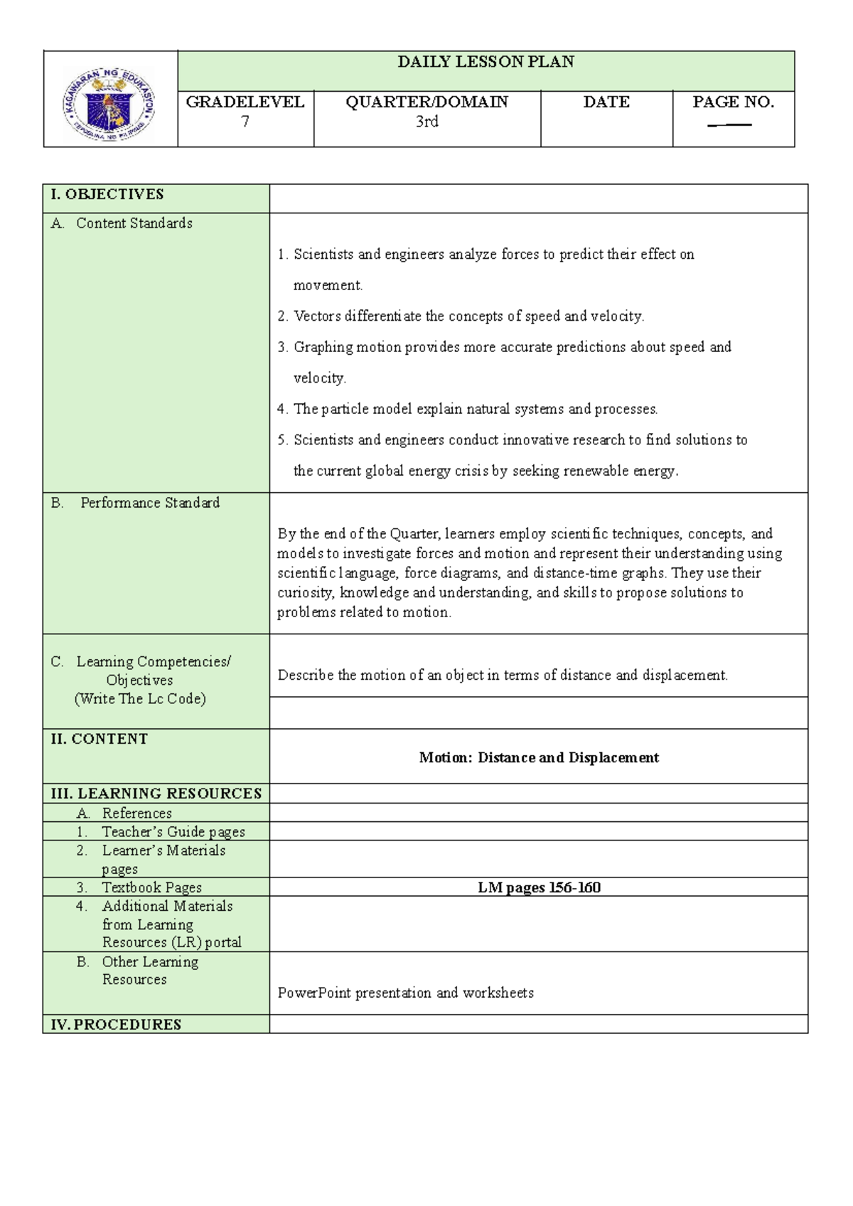 DAILY LESSON PLAN GRADE 7: Understanding Distance & Displacement - Studocu