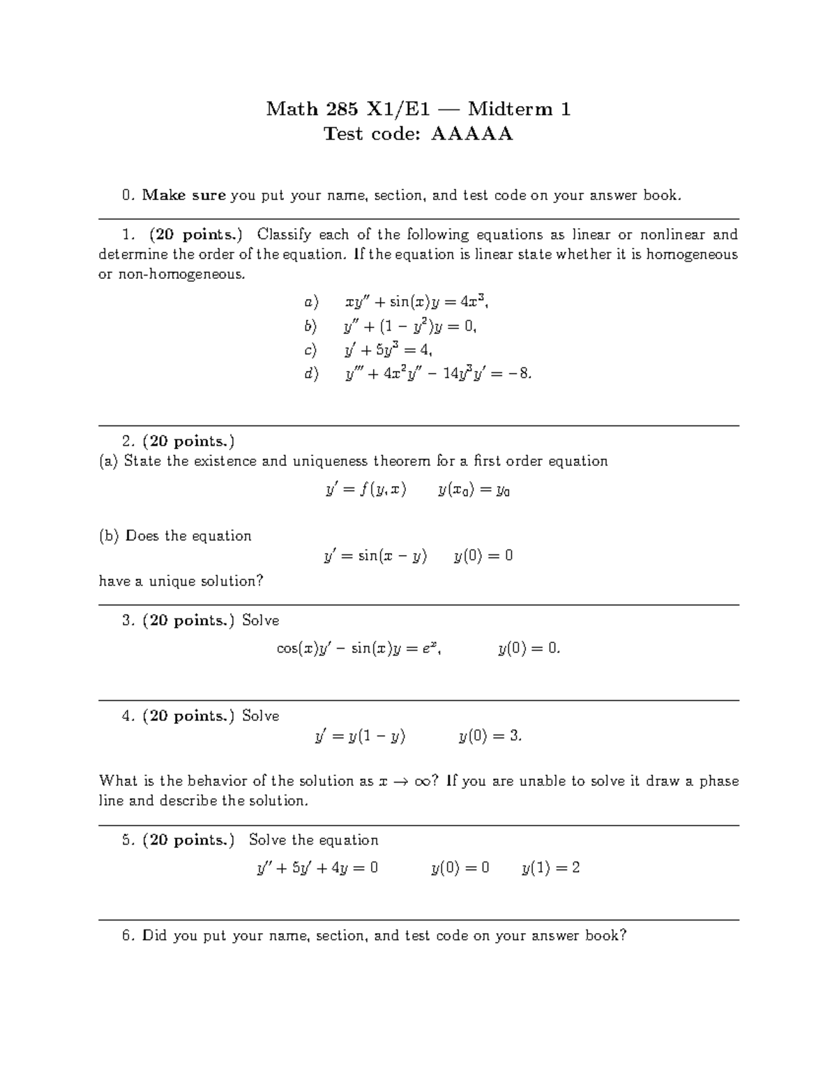 Math 285 Midterm 1 Practice Exam - Fall 2009 Review Guide - Studocu