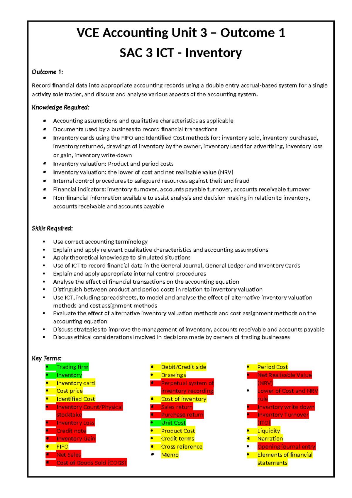 Cambridge VCE Accounting Unit 3 SAC 3: Inventory Management & Analysis ...