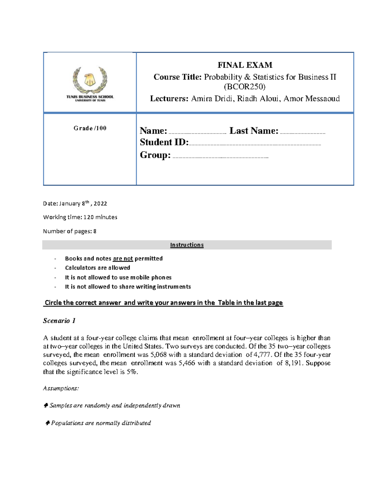 Final Exam Solutions for BCOR250: Probability & Statistics II (2022 ...