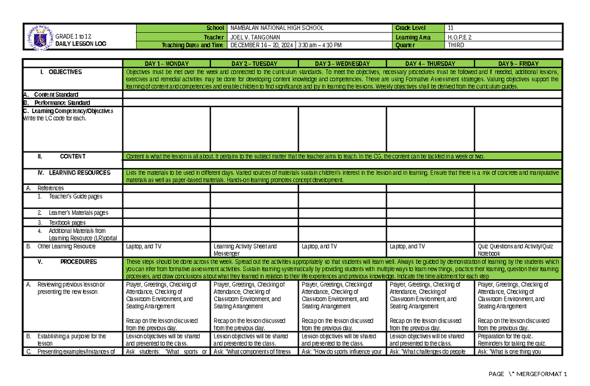 Week 1 - Grade 11 Daily Lesson Log (Dec 16-20, 2024) - Studocu