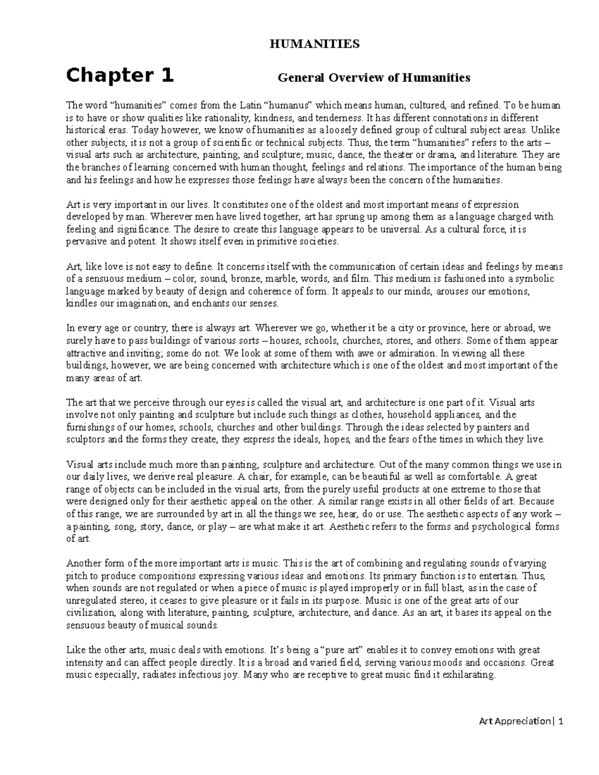 HUMANITIES Chapter 1: Overview of Arts and Their Significance - Studocu