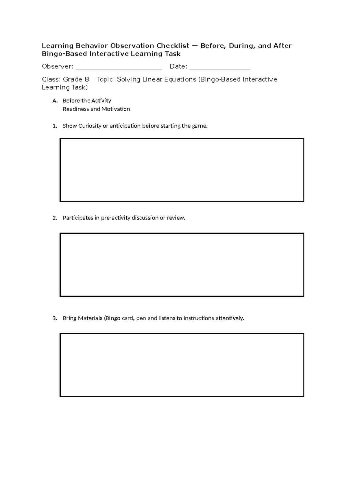 Grade 8 Observation Checklist: Interactive Learning Task on Linear ...