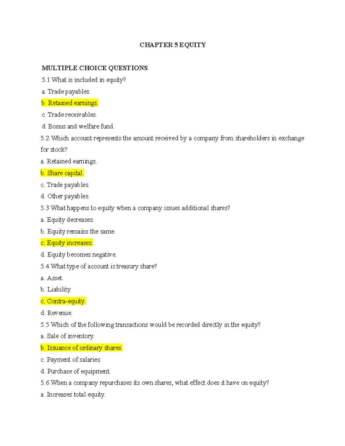 Chapter 5: Equity Multiple Choice Questions and Exercises - Studocu