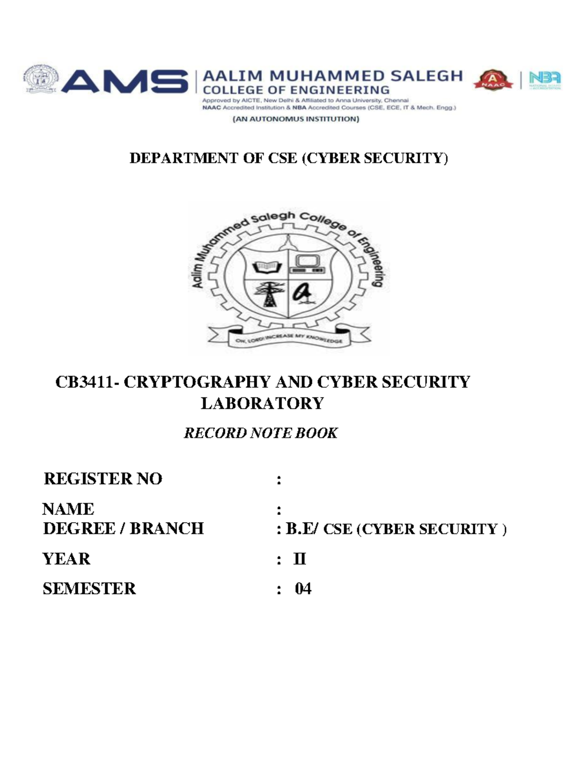 CB3411 Cryptography & Cyber Security Lab Record - II Sem - Studocu