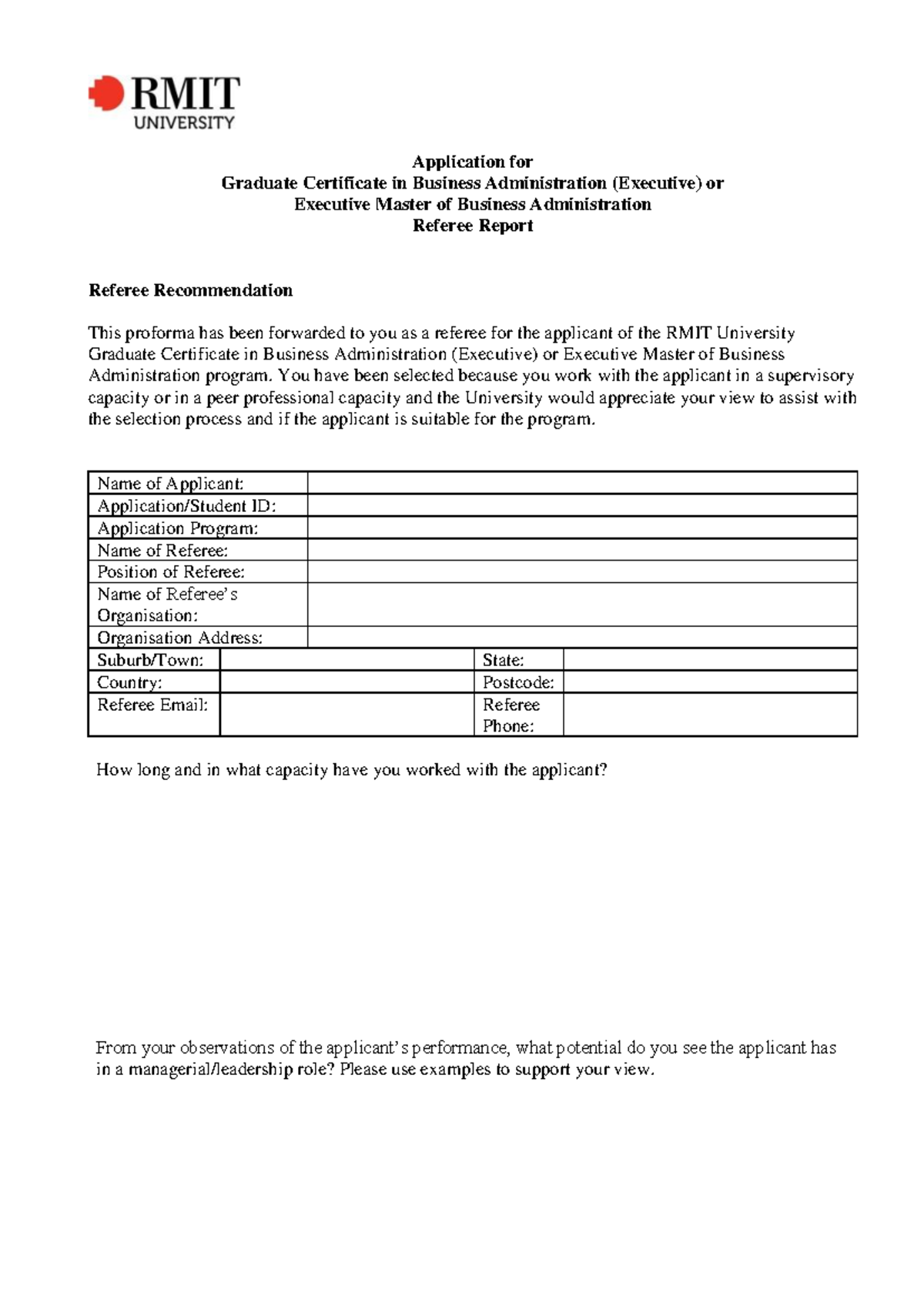 RMIT Referee Report for Graduate Certificate in Business Administration ...