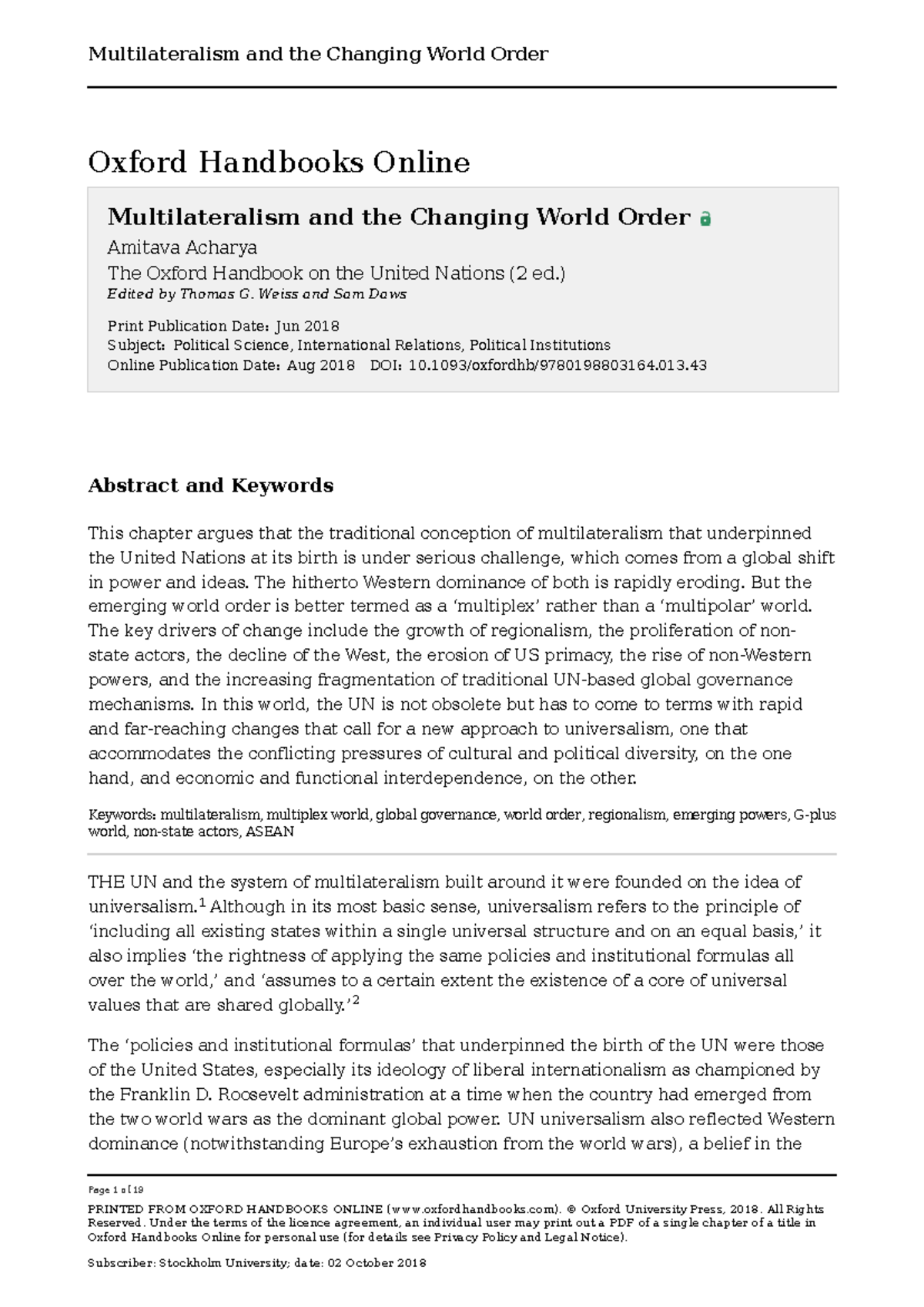 Changing Dynamics of Multilateralism in a Multiplex World Order - Studocu