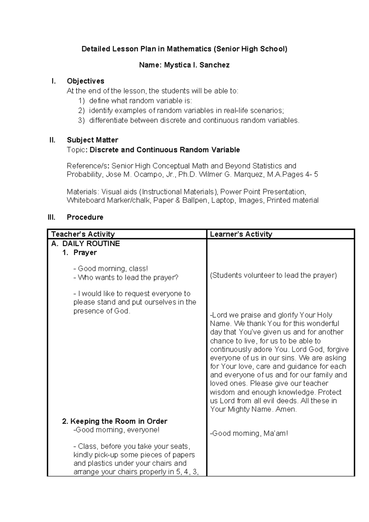 DLP (SHS) - Lesson Plan on Discrete & Continuous Random Variables - Studocu