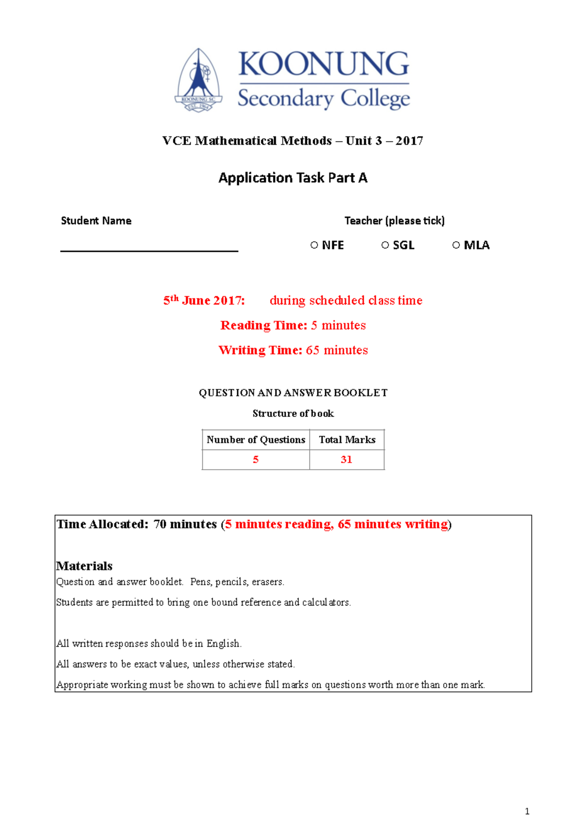 VCE Mathematical Methods - 2017 Practice SAC Part A - Studocu
