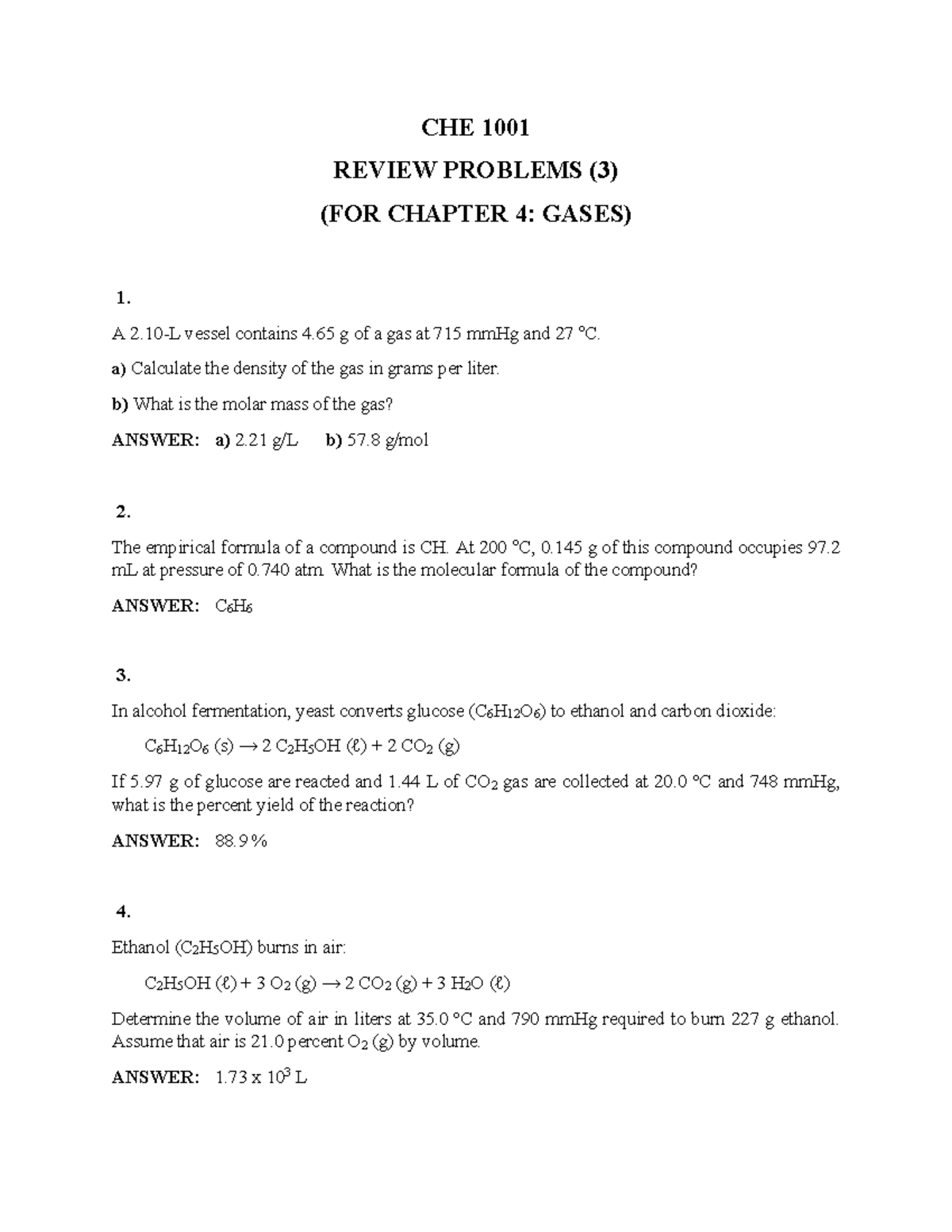 CHE 1001 REVIEW PROBLEMS (CHAPTER 4: GASES) - Studocu