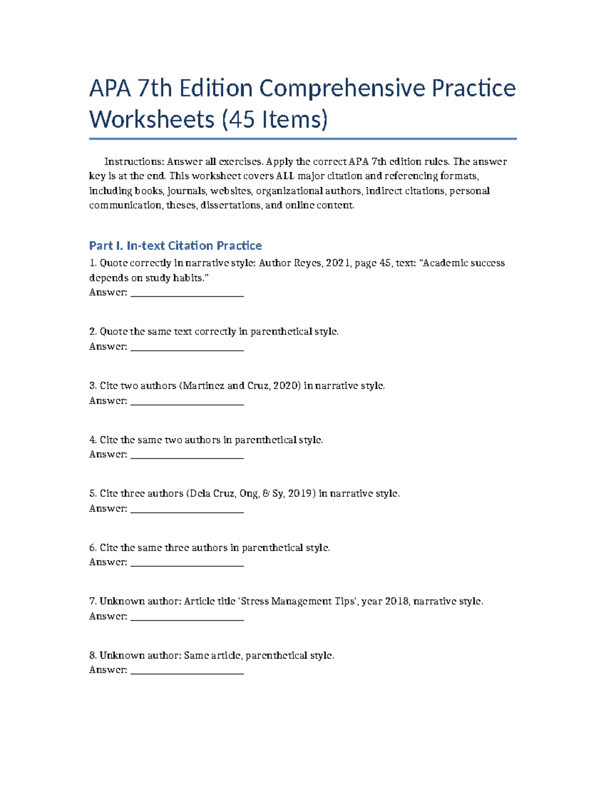 APA 7th Edition Comprehensive Practice Worksheets (45 Items) with ...