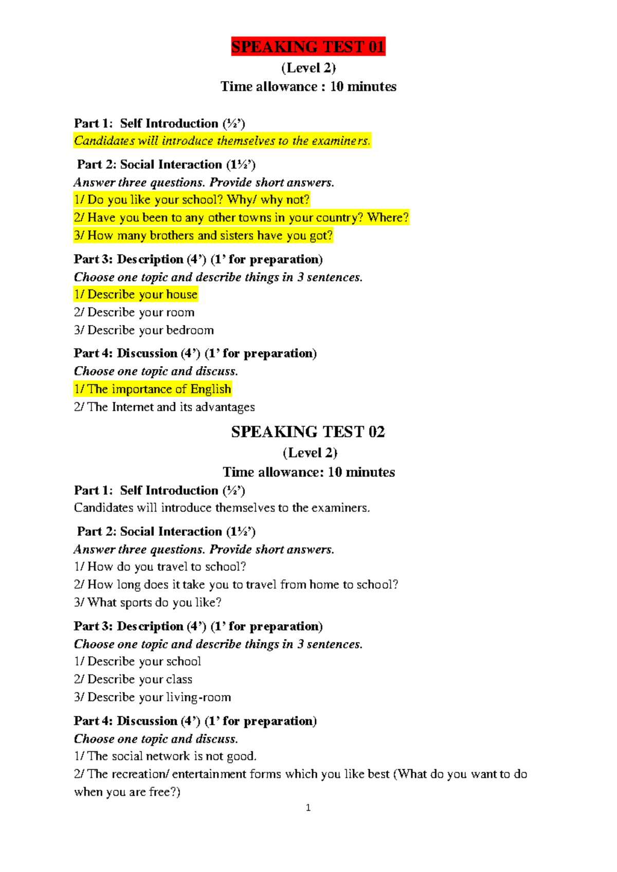 SPEAKING TEST 01-04 (Level 2) Overview and Preparation Guide - Studocu