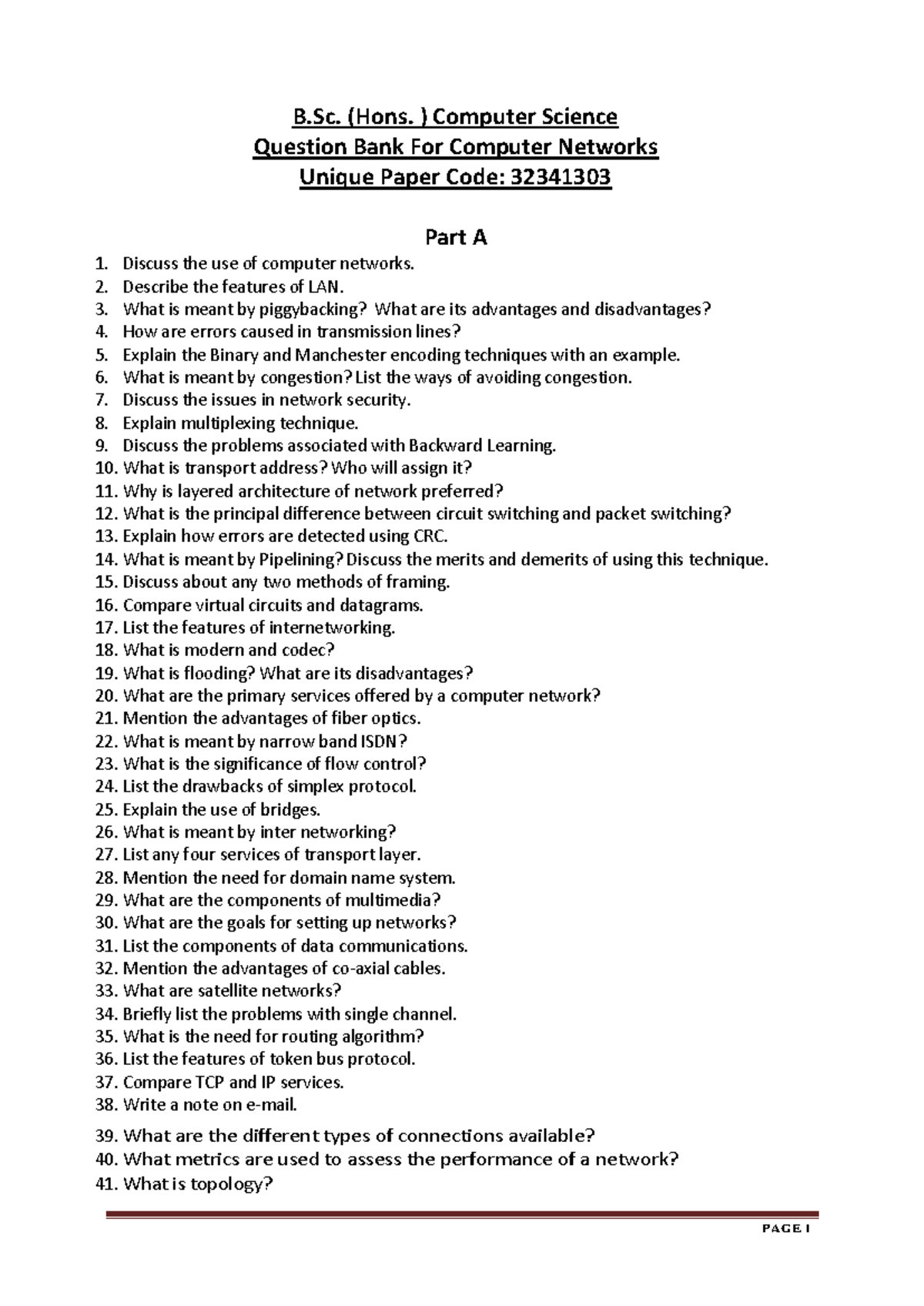 B.Sc. (Hons.) Computer Science: Computer Networks Question Bank ...