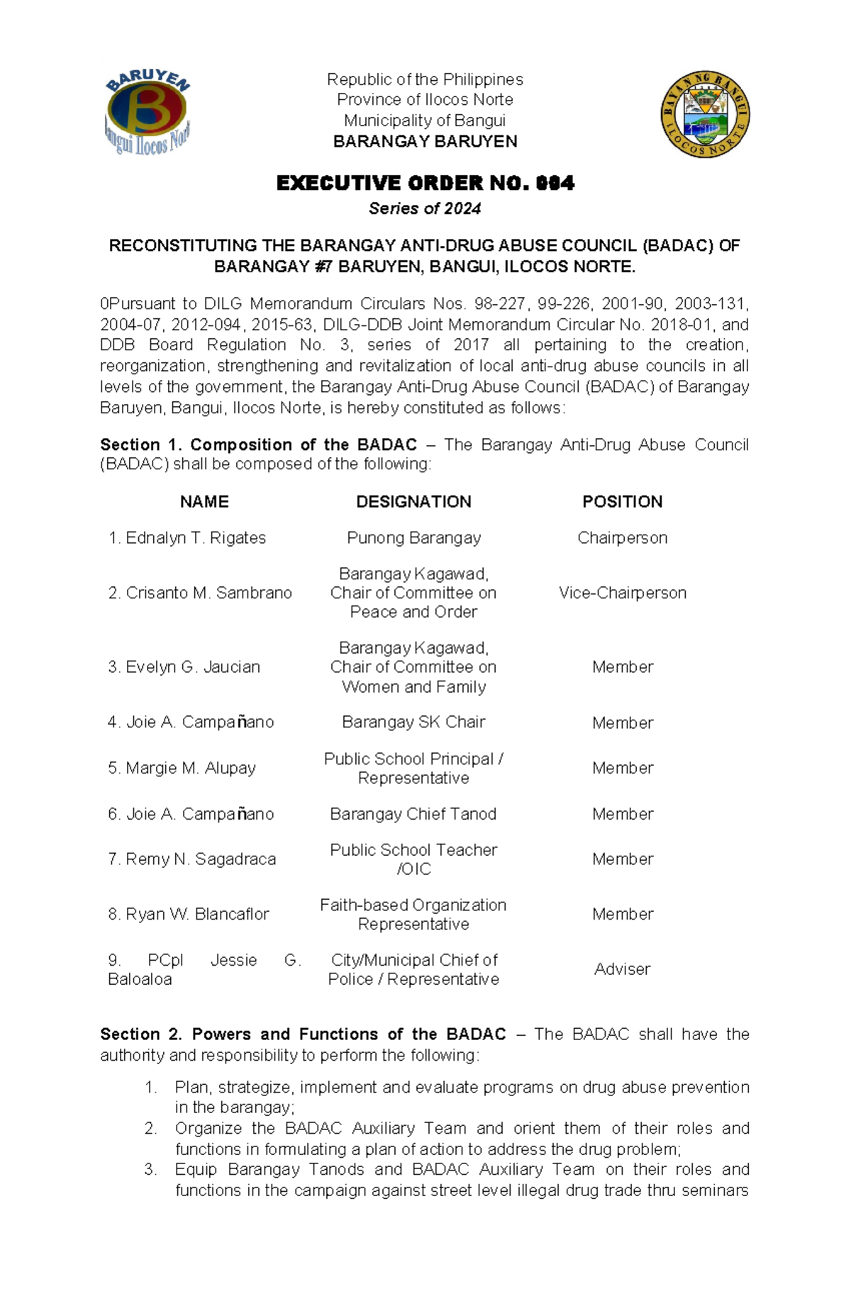 EO 2024-04: Reconstituting the Barangay Anti-Drug Abuse Council - Studocu