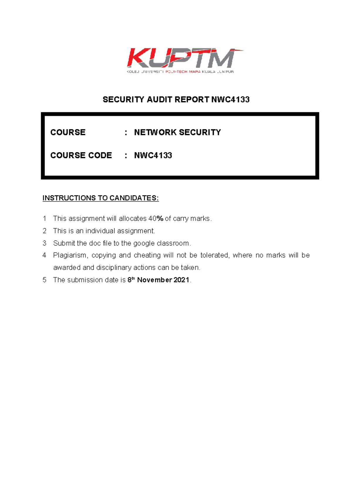 NWC Network Security Audit Report Guidelines and Instructions - Studocu