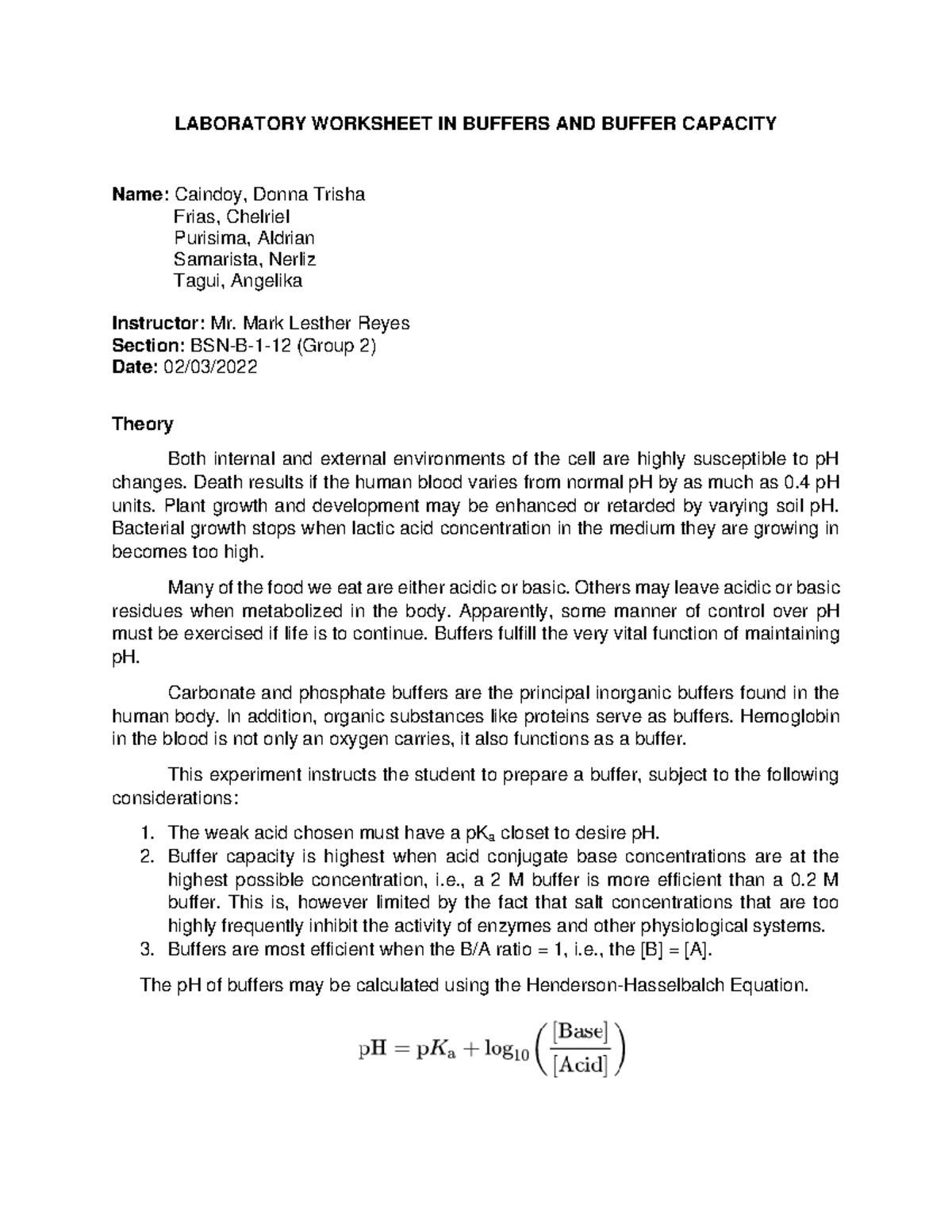 Laboratory Worksheet 2: Buffers and Buffer Capacity - Group 2 - Studocu
