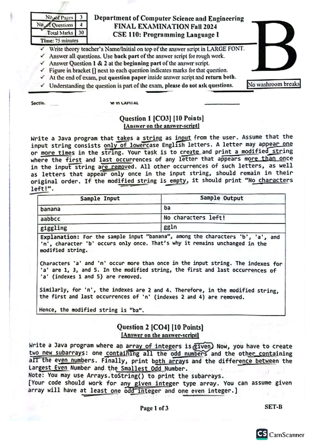 Final Exam CSE 110: Programming Language I - Fall 2024 - Studocu