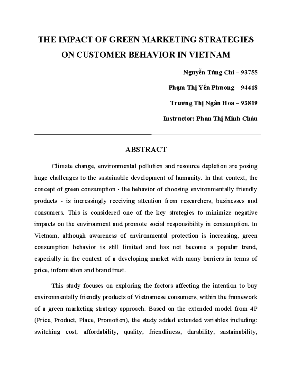 Green Marketing Strategies Impact on Consumer Behavior in VN - Studocu