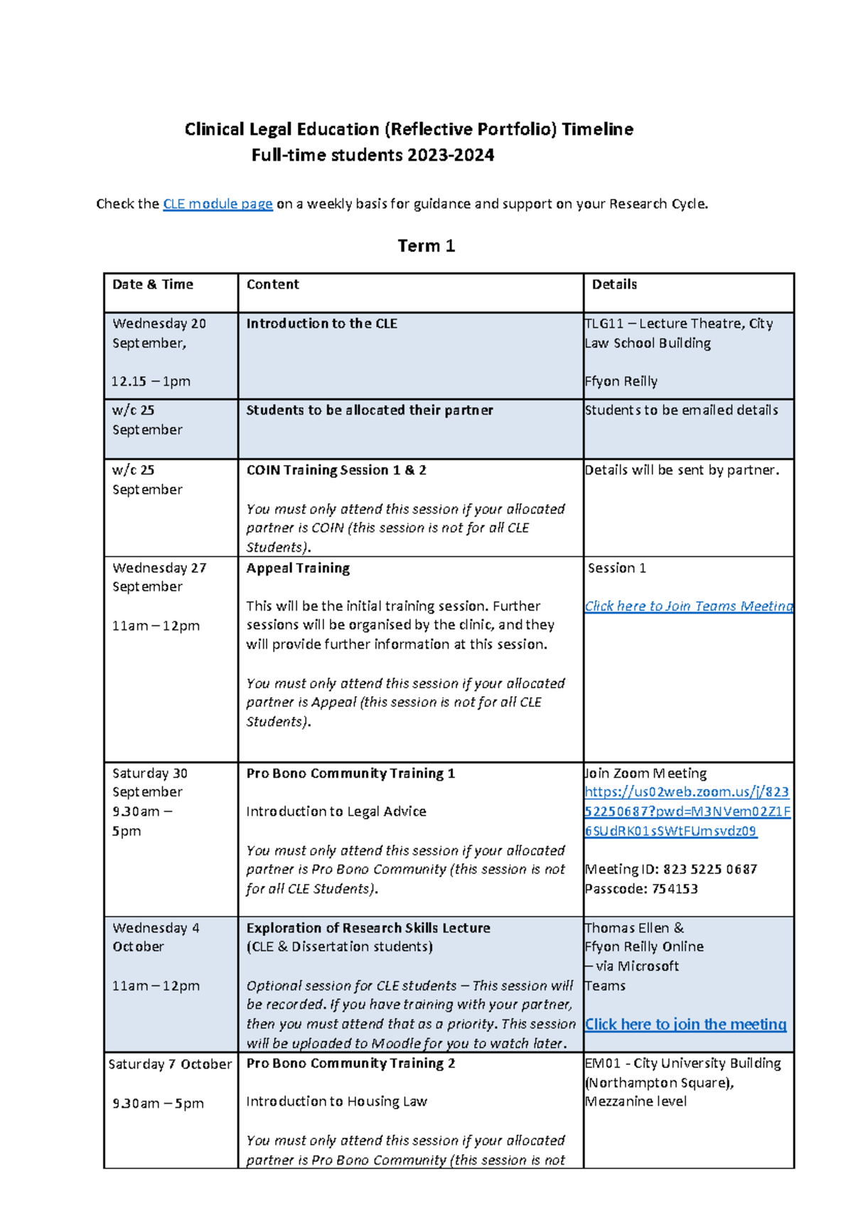 CLE Timeline 2023-24 for Full-Time Students - Important Dates - Studocu