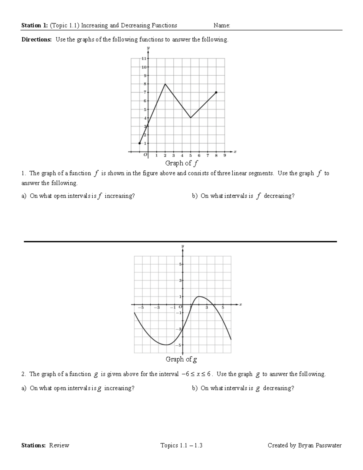 Questions 1.3-1.1 Review Stations - Station 1: (Topic 1) Increasing and ...