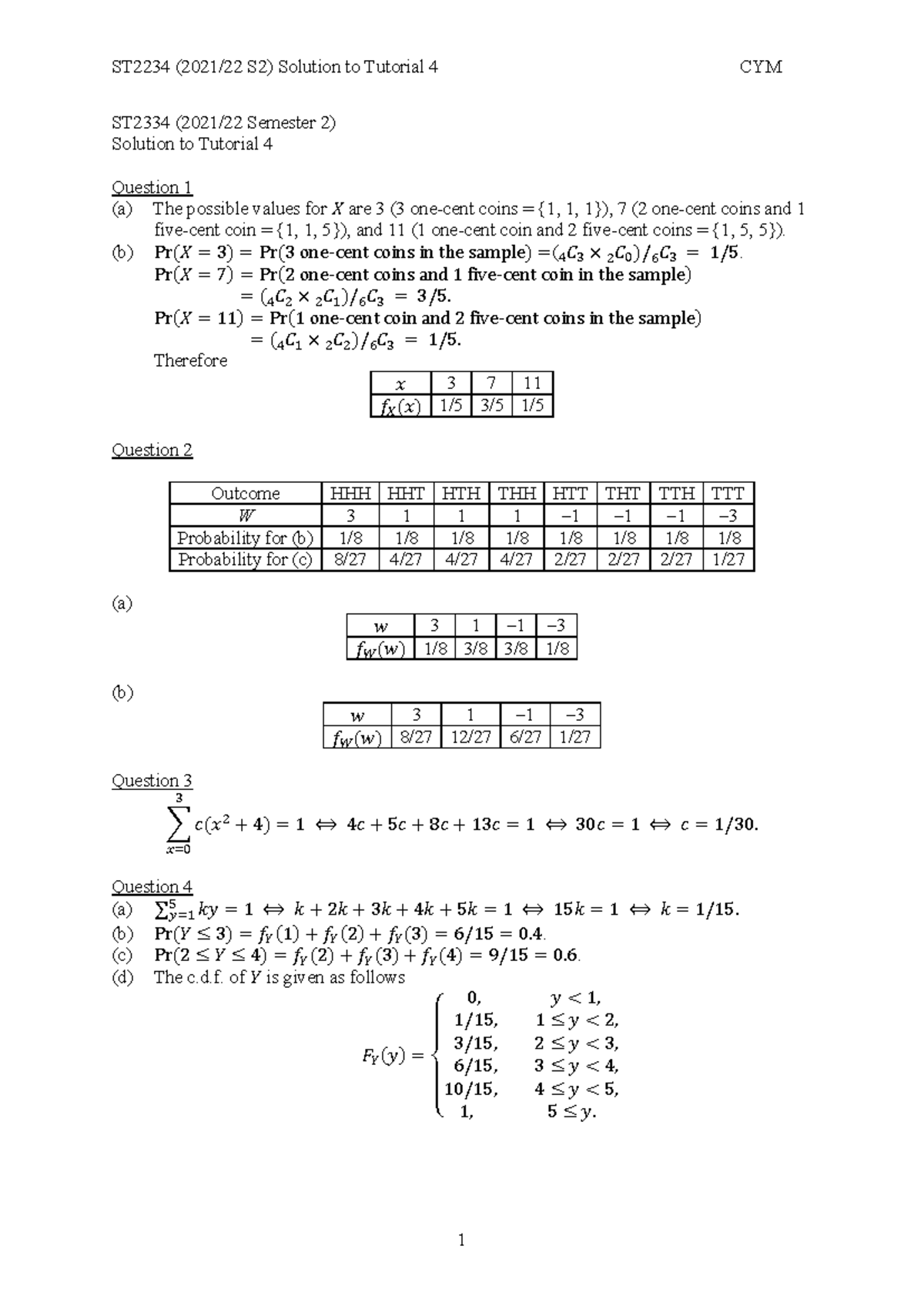 ST2334 (2021/22 S2) Solutions for Tutorial 4 Analysis - Studocu