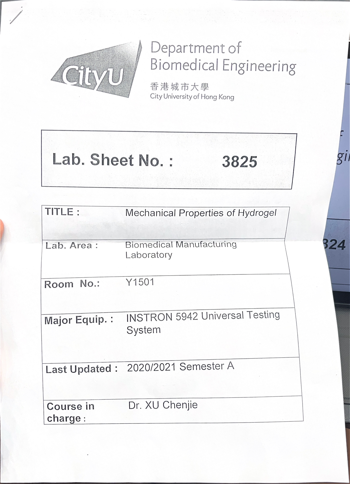Lab 3825 - Lab report - Department of CityU Biomedical Engineering City ...