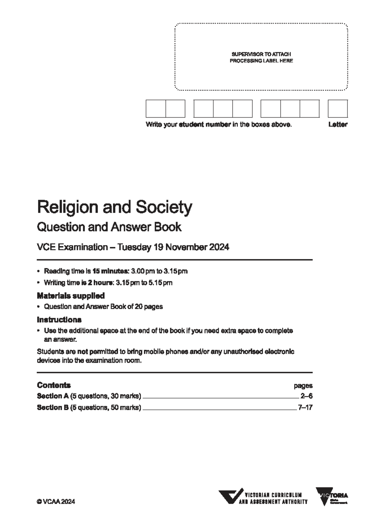 2024 VCE Religion and Society Exam: Question & Answer Book - Studocu