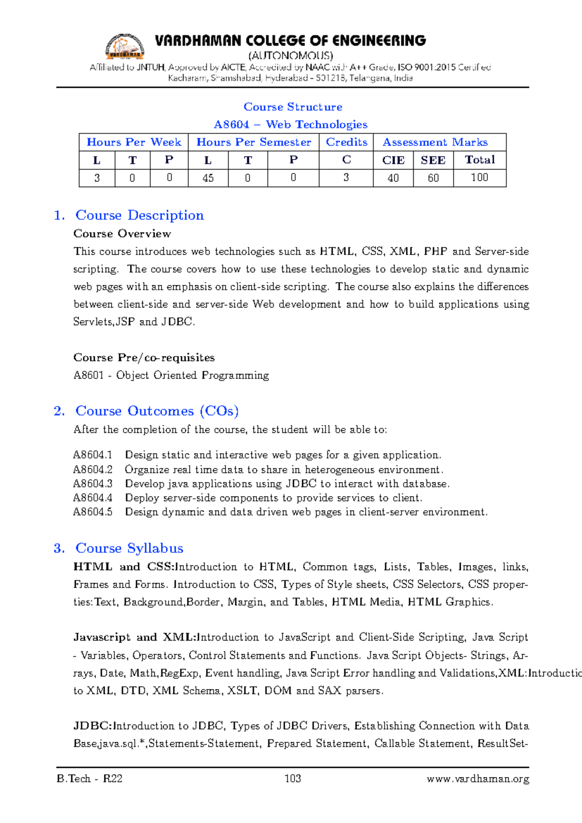 Course A8604: Web Technologies Syllabus Overview and Structure - Studocu
