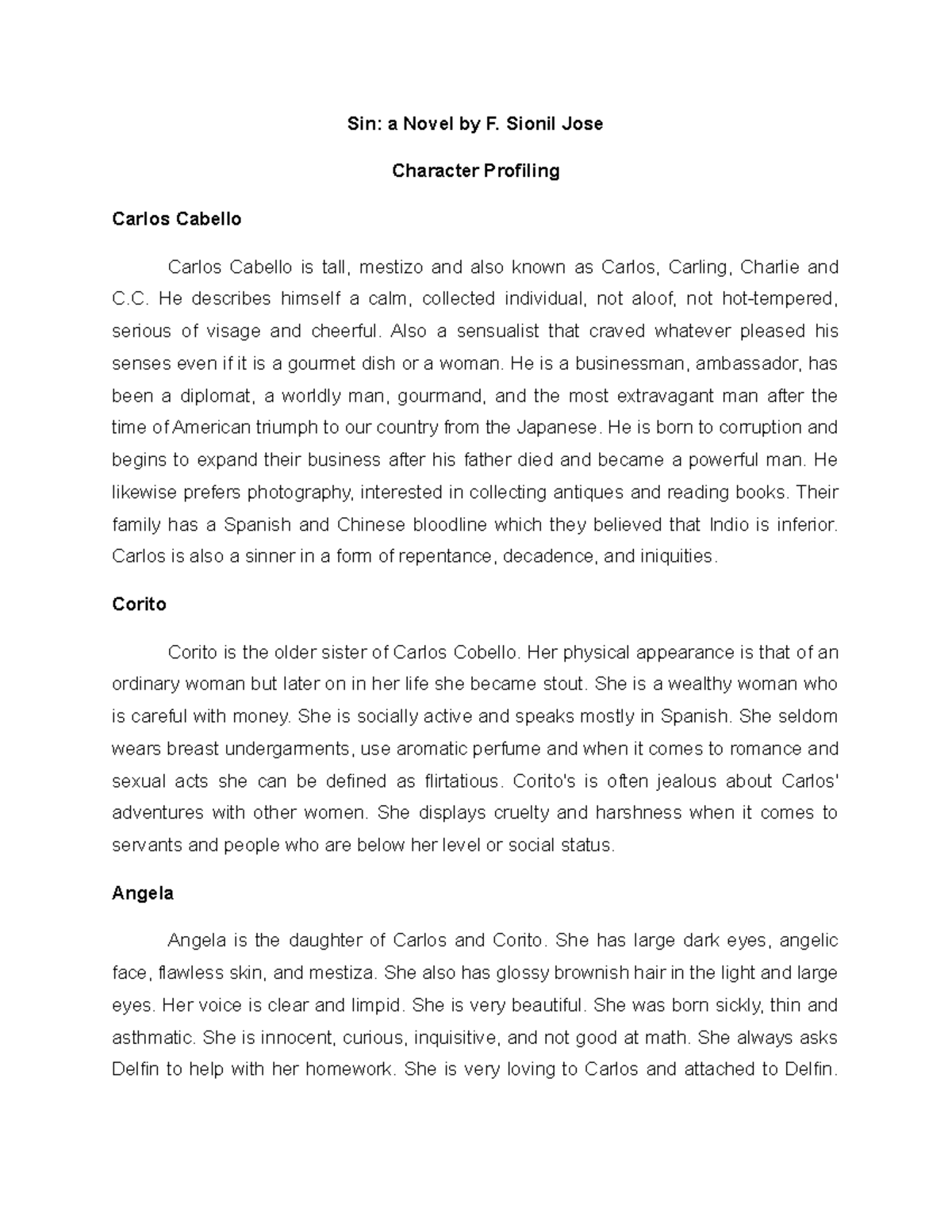 Character Profiling - Sin: a Novel by F. Sionil Jose Character ...