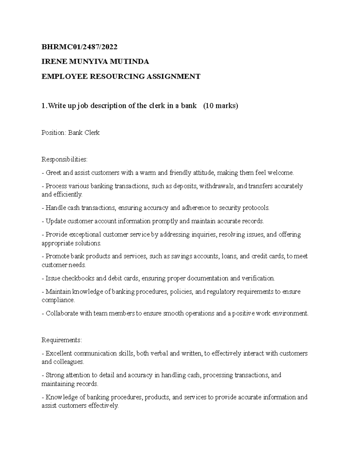 Employee Resurcing Assignment - BHRMC01/2487/ IRENE MUNYIVA MUTINDA ...