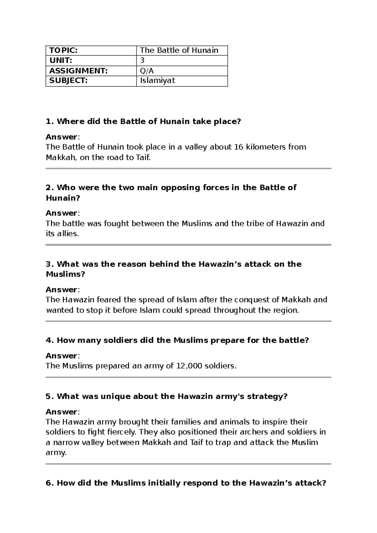 Islamiyat CH3: Questions on the Battle of Hunain Analysis - Studocu